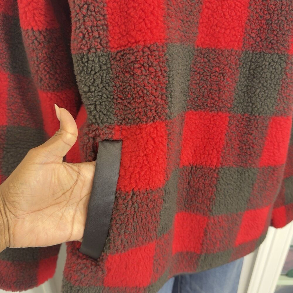 Abercrombie & Fitch Women’s S Sherpa Fleece Pullover Jacket Red Black Plaid - Picture 5 of 12